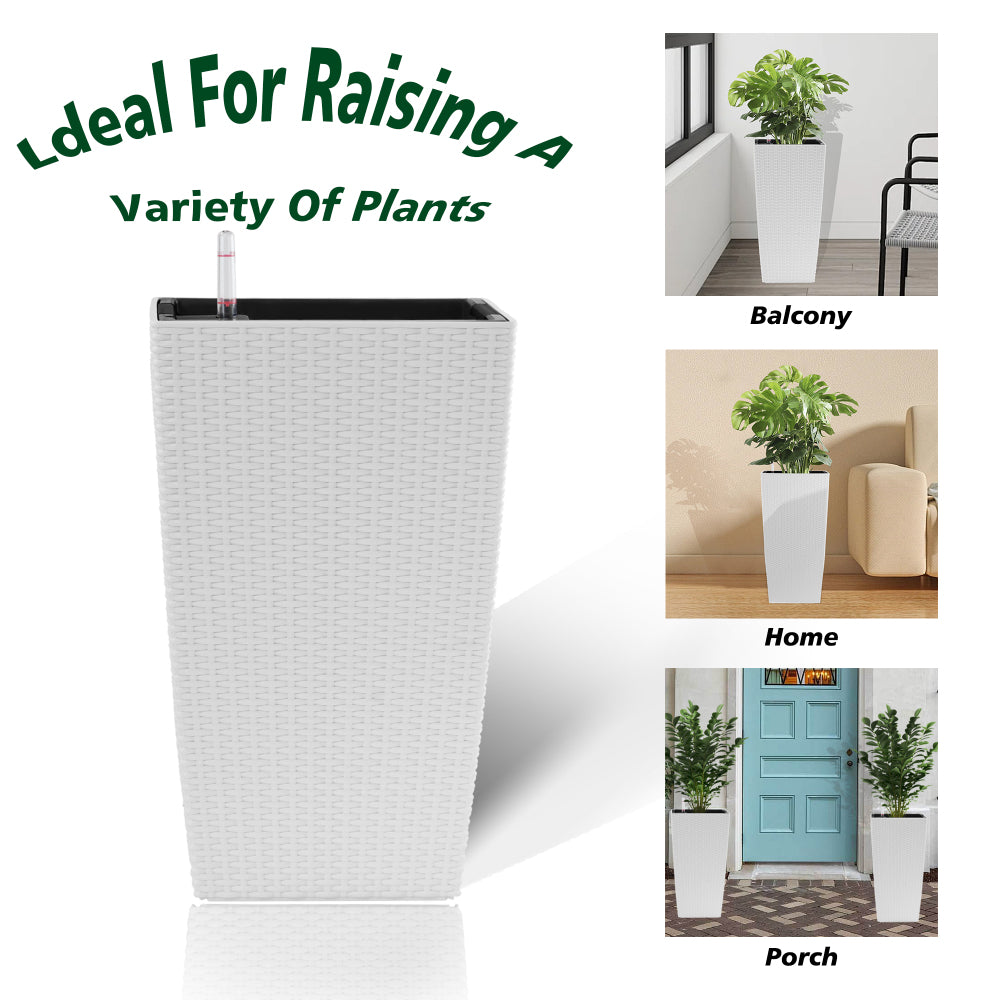 Indoor/Outdoor Modern Faux Rattan Design Square Planter, 22.6 inch White Plastic Large Planter with Automatic Watering System for Home and Garden (White, 22.6 inch - 2 Pack)