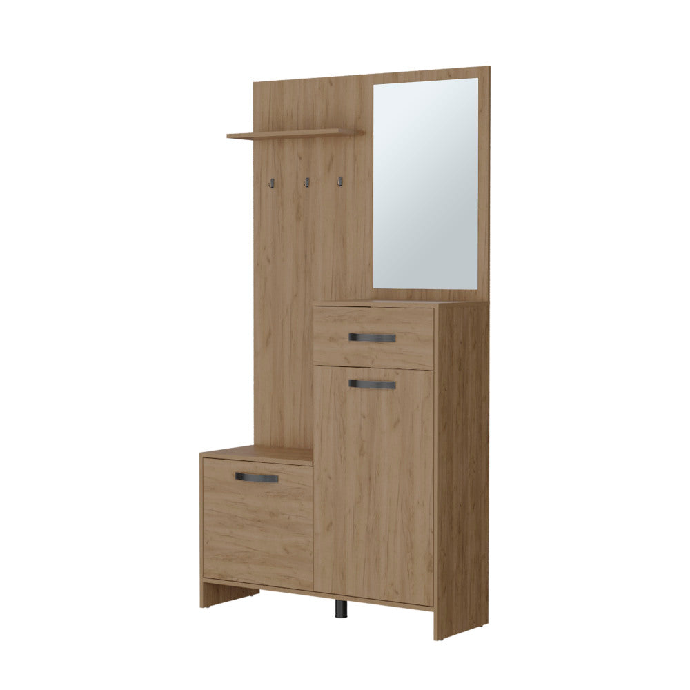 FM FURNITURE Elko Hall Tree Multistorage with a Mirror. Natural Oak