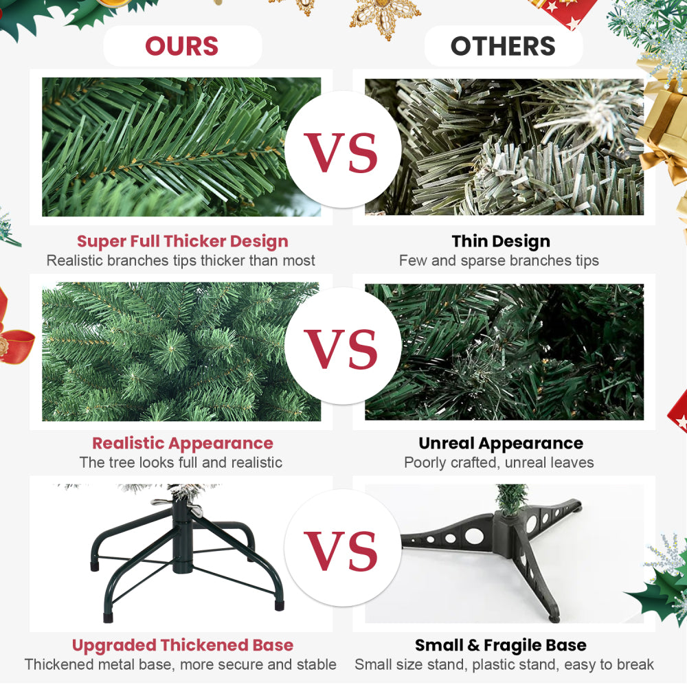 6ft Christmas Tree with Memory Wire, 760 Tips Hinged Artificial PVC Tree, Easy Setup Green Xmas Tree for Indoor Holiday Decoration