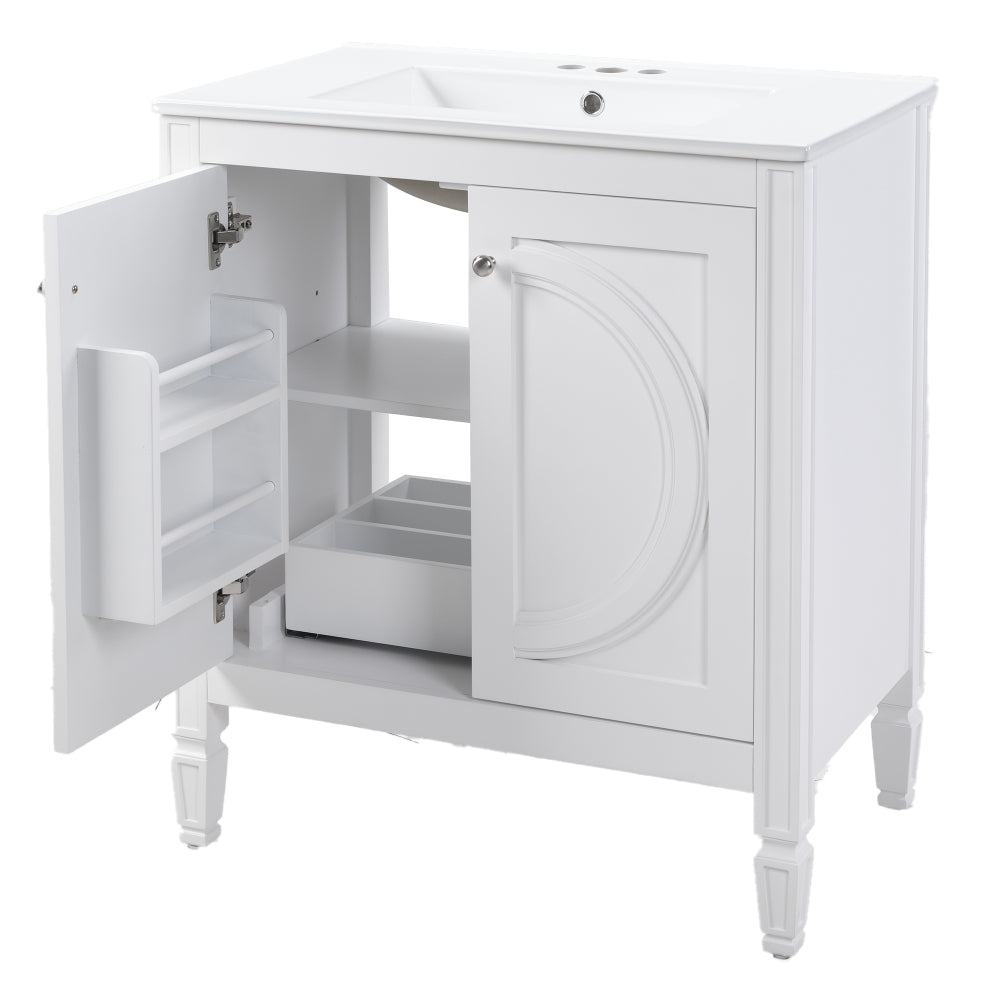 30" No Assembly Needed Vintage White Bathroom Vanity with Ceramic Sink,Two Soft-Close Doors & Adjustable Shelf,Modern Farmhouse Style