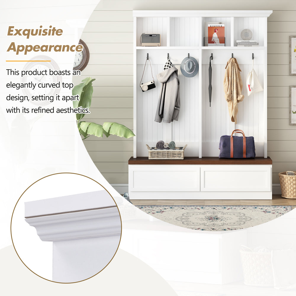 [Assembly Video] Farmhouse 4-in-1 Hall Tree with Wood Grain Bench, Mudroom Versatile Coat Rack with 2 Large Drawer, Entrance Organizer for Hallway, Living Room, White, 55.9"W (Same as N721P205660)