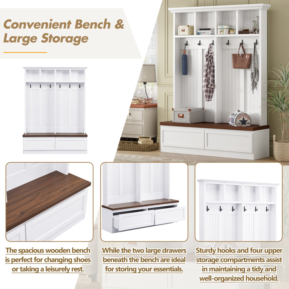 [Assembly Video] Farmhouse 4-in-1 Hall Tree with Wood Grain Bench, Mudroom Versatile Coat Rack with 2 Large Drawer, Entrance Organizer for Hallway, Living Room, White, 55.9"W (Same as N721P205660)