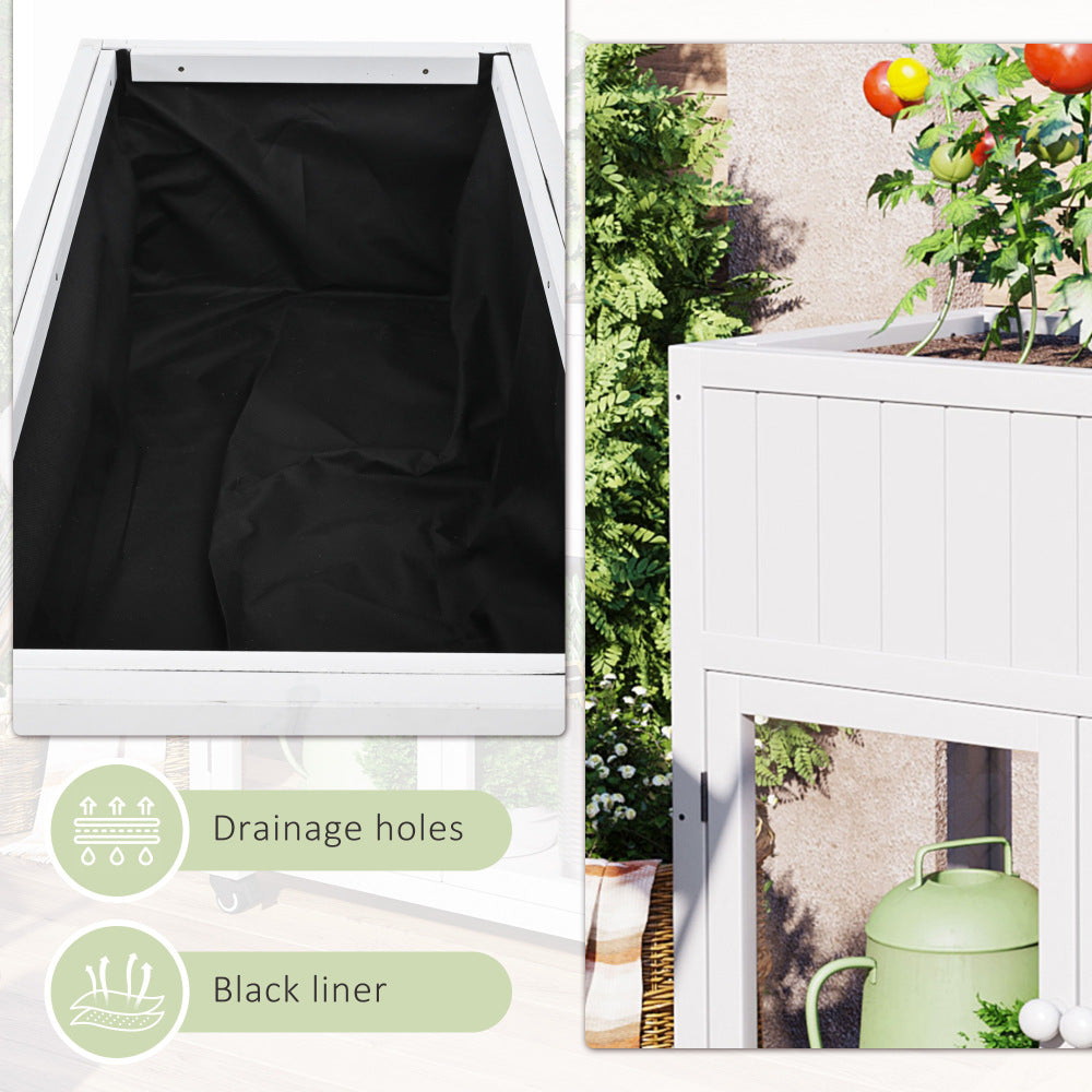 TOPMAX Patio 35.4''x17.7''x37.4'' Mini Wood Cold Frame, Compact 2 Doors Garden Greenhouse with Wheels, Raised Bed with Liner for Indoor Outdoor Use, White