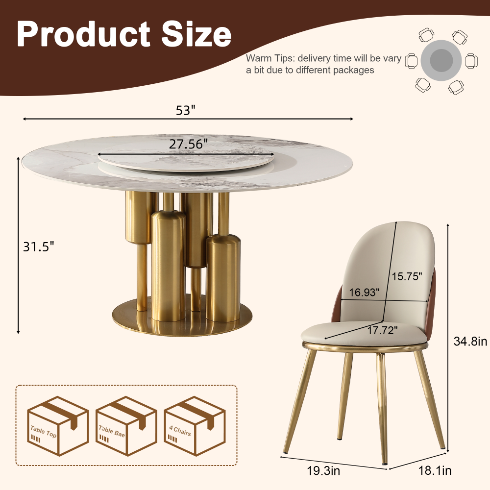 53" Round Modern Marble Dining Table with Lazy Susan, Sintered Stone Top for Kitchen, Dining Room, Dinette, Space Saving Design(4 chairs)