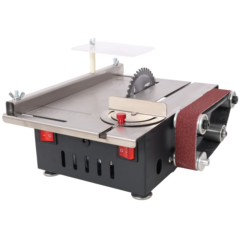 Mini Table Saw,Belt Sander, stainless steel top,4pcs Blades,10pcs Sanding Blet,7 Gear Adjustable 0-90° Angle, Available for Wood/PCB/Acrylic/Plastic,DIY Model Crafts Cutting Tool