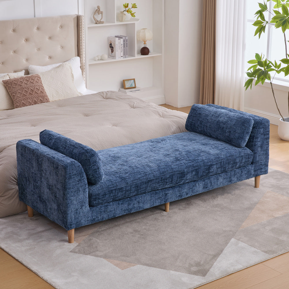 83.1"Wide Modern Upholstered End of Bed Bench with Armrests, Chenille Chaise Lounge Couch with 2 Bolster Pillows, Daybed with Rubberwood Legs For Living Room,Bedroom,Apartment,Guestroom, Wheat