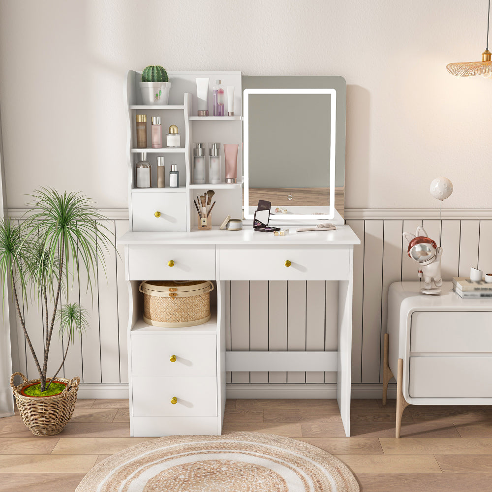 White dressing table, mirror and LED light, 5-drawer dressing table, movable and hidden mirror, 3-color mode touch screen, storage organizer for women's and girls' bedrooms