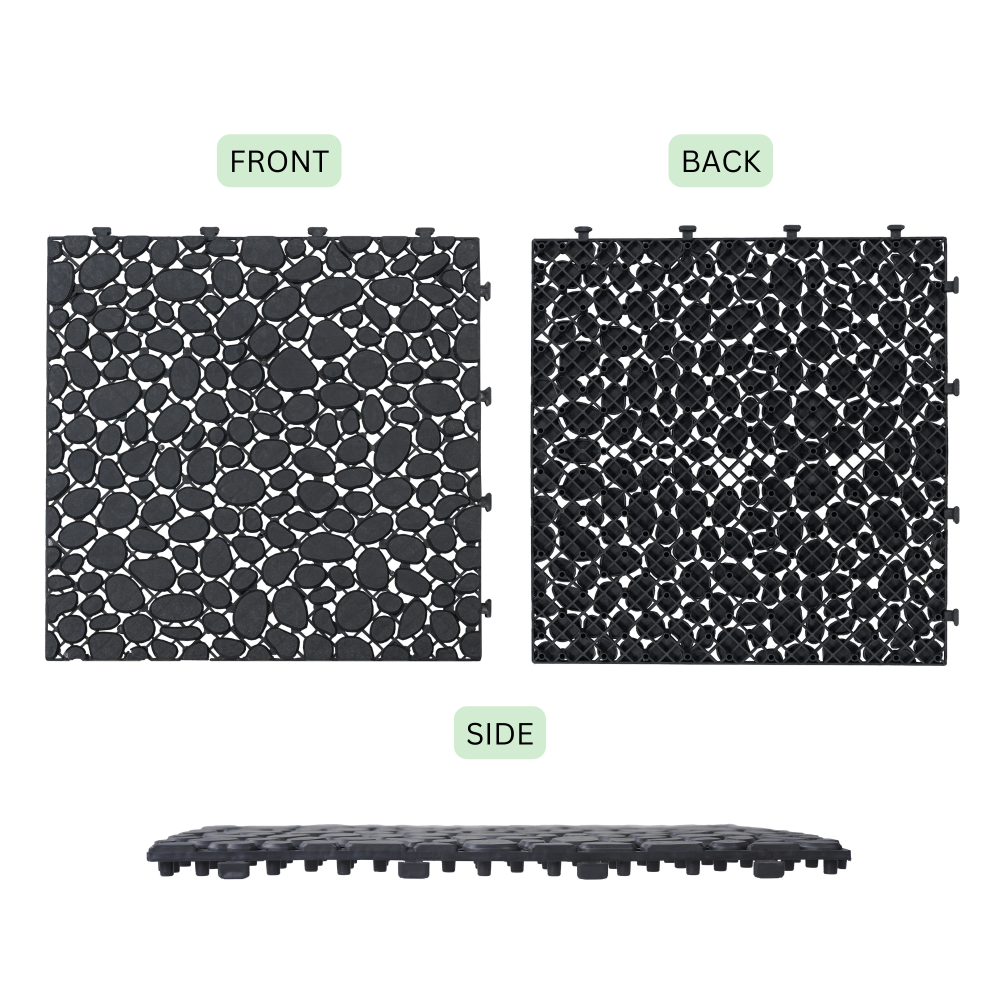 12 x 12 Inch Black Interlocking Deck Tiles Plastic Waterproof Outdoor All Weather Anti-slip Bathroom Shower Balcony Porch Strong Weight Capacity Upto 440 LBS, Pebble Stone Pattern Pack of 60