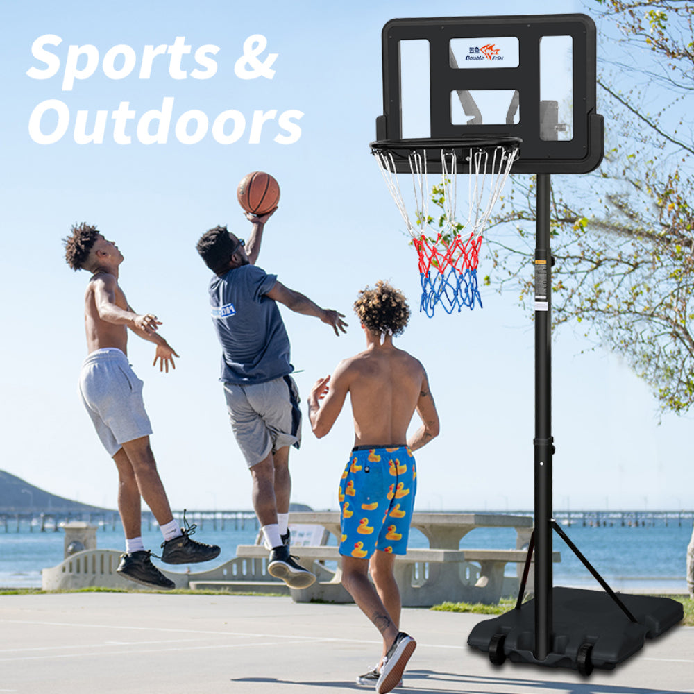 DOUBLE FISHAdjustable Outdoor Basketball Hoop 4.8-7.7ft with Backboard - Portable & Wall-Mounted for Youngsters, Youth, and Adults in Backyard or Driveway - Black