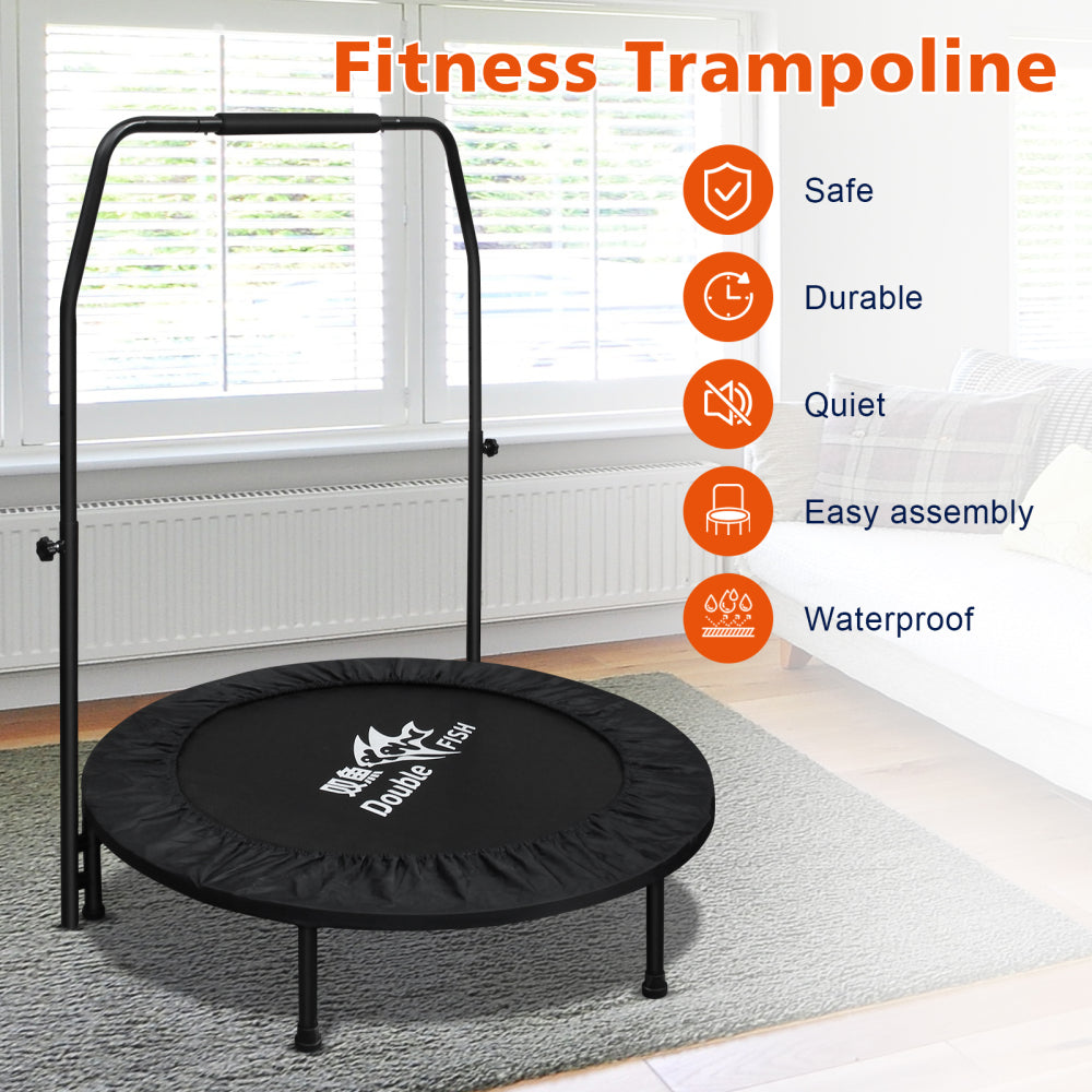 DOUBLE FISH[Foldable Trampoline] 440lbs Capacity Foldable Trampoline for Adults 38"Rebounder with Adjustable Handle Bar, Thickened Steel Frame, Indoor/Outdoor Fitness  Perfect for Leg Muscle Exerci