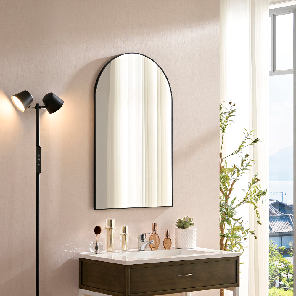 Wall Mirror 36*22 Inch Black Metal Framed Arched Mirror Metal Framed Mirror Round Vanity Mirror Dressing Mirror, for Bathroom, Living Room, Bedroom Wall Decor(Horizontal & Vertical)-W2091256133