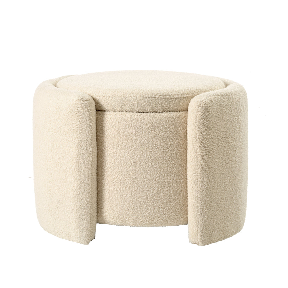 Round Ottoman teddy fleece cushioned footpads living room and bedroom footstool with storage space (Beige)