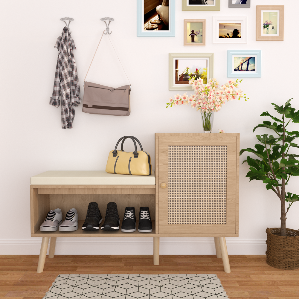 2-in-1 Shoe Storage Bench, Natural Rattan Shoe Cabinet with 2 Adjustable Shelves and Removable Seat Cushion, Modern Entryway Bench, Shoe Storage Organizer, Shoe Rack for Hallway, Bedroom
