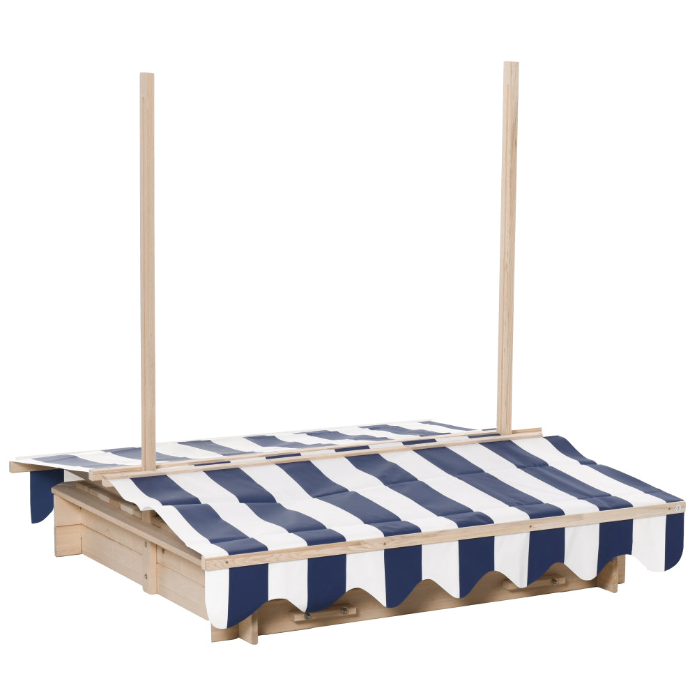 Outsunny Wooden Kids Sandbox with Cover, Children Outdoor Sand Box with Foldable Bench Seats, Adjustable Canopy, Bottom Liner for Outdoor, Natural