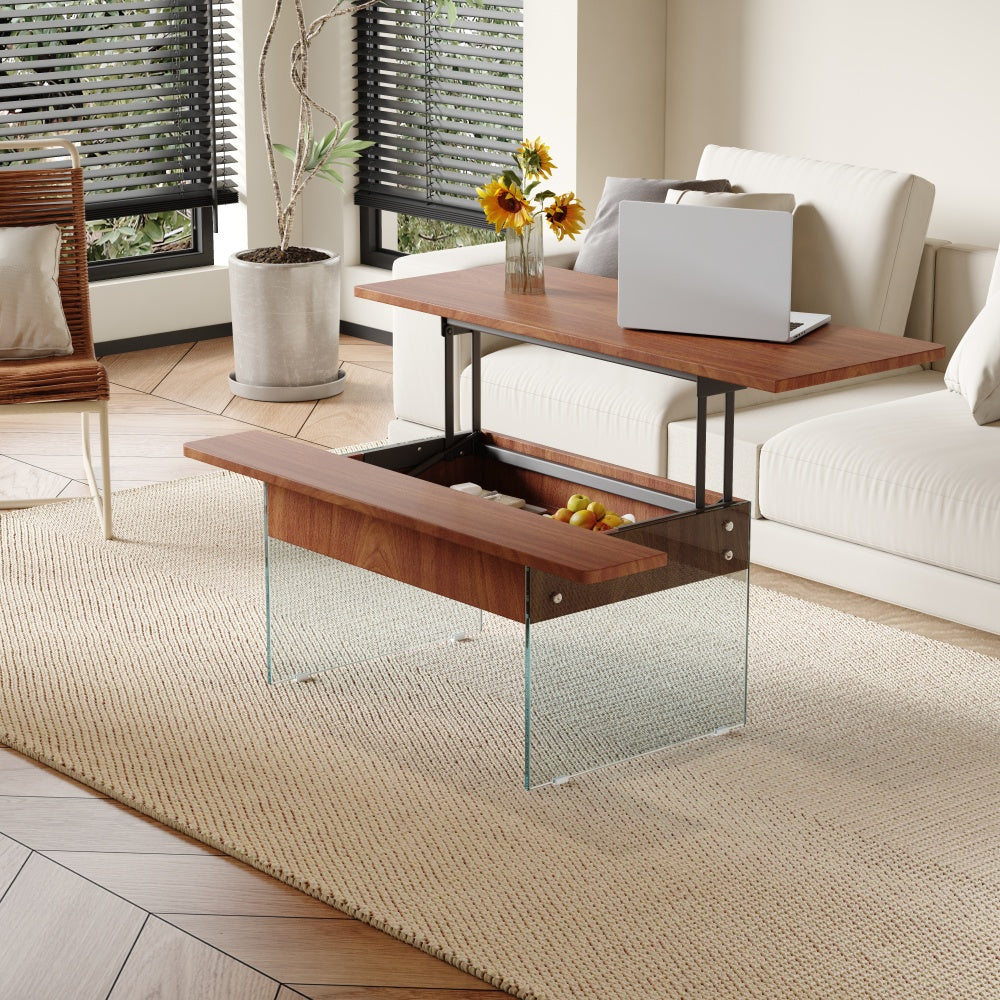 Multifunctional Lift Top Coffee Table -Light Wood Color Grain Sticker, Essential for Modern Homes.Tempered Glass Legs,Lift Top Feature.Perfectly Fitting Into Living Rooms And Office.