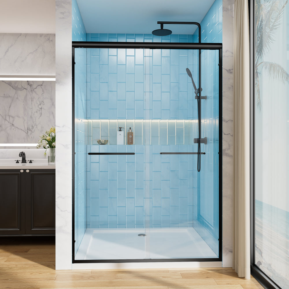 60" W x 72" H Matte Black Aluminum Frame Double Sliding Shower Door with 1/4" (6mm) Nano-Coated Clear Tempered Glass and Dual Stainless Steel Handles
