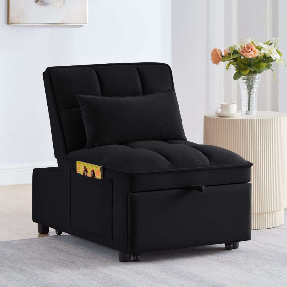 4 in1 Multi-Function Single Sofa Bed with Storage Pockets,Tufted Single Pull-out Sofa Bed with Adjustable Backrest and Pillows ,Convertible  Chaise Lounge,Black