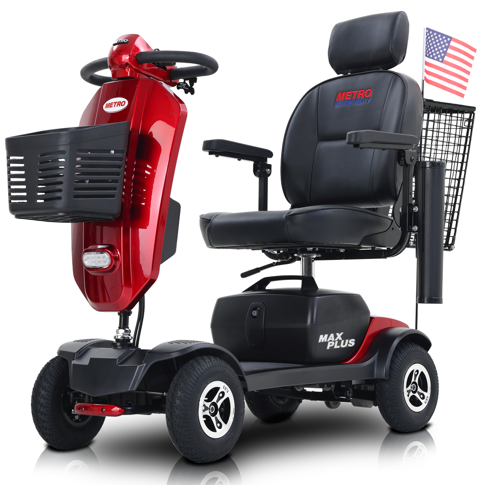 MAX PLUS RED 4 Wheels Outdoor Compact Mobility Scooter with Rear Basket,16 Miles, Cup Holders & USB charger Port