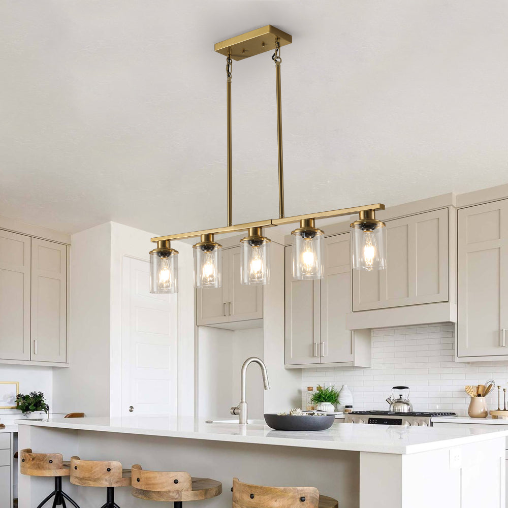 37" Farmhouse Industrial 5-Light Kitchen Island Pendant Light, Metal Wood Chandelier with Clear Glass Shades, Adjustable Height Hanging Fixture for Dining Room, Living Room, Kitchen (No Bulbs)