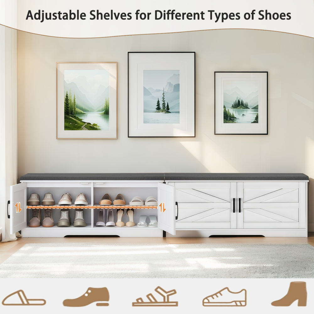 2-Tier Storage Bench, Farmhouse Shoe Bench with Padded Seat Cushion, Entryway Bench with 2 Barn Doors & 2 Adjustable Shelves, 13.75" D x 39.4" W x 17.72" H, for Entryway, Bedroom, Living Room, White