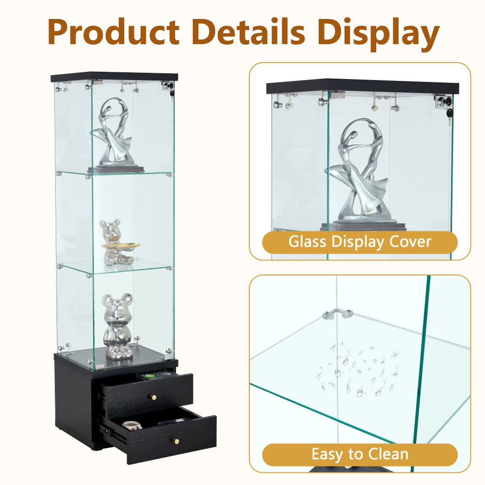American-Style Non-Lit Glass Display Cabinet (0.2" Tempered Glass) – Soft-Close Drawer Slides  3 Adjustable Shelves, Ideal for Display & Storage
