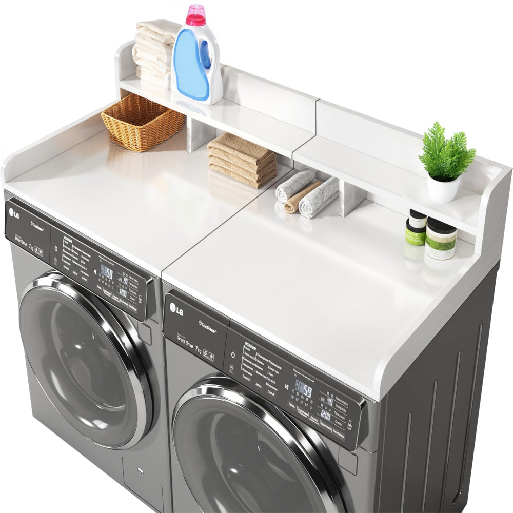 Washer Dryer Countertop with Non-slip Pads Laundry Wood Shelf Topper with Edge, 54" Width x 27.5" Depth Double Layer Organizer for Washer and Dryer Laundry Hamper Counter Storage Organization (WHITE)