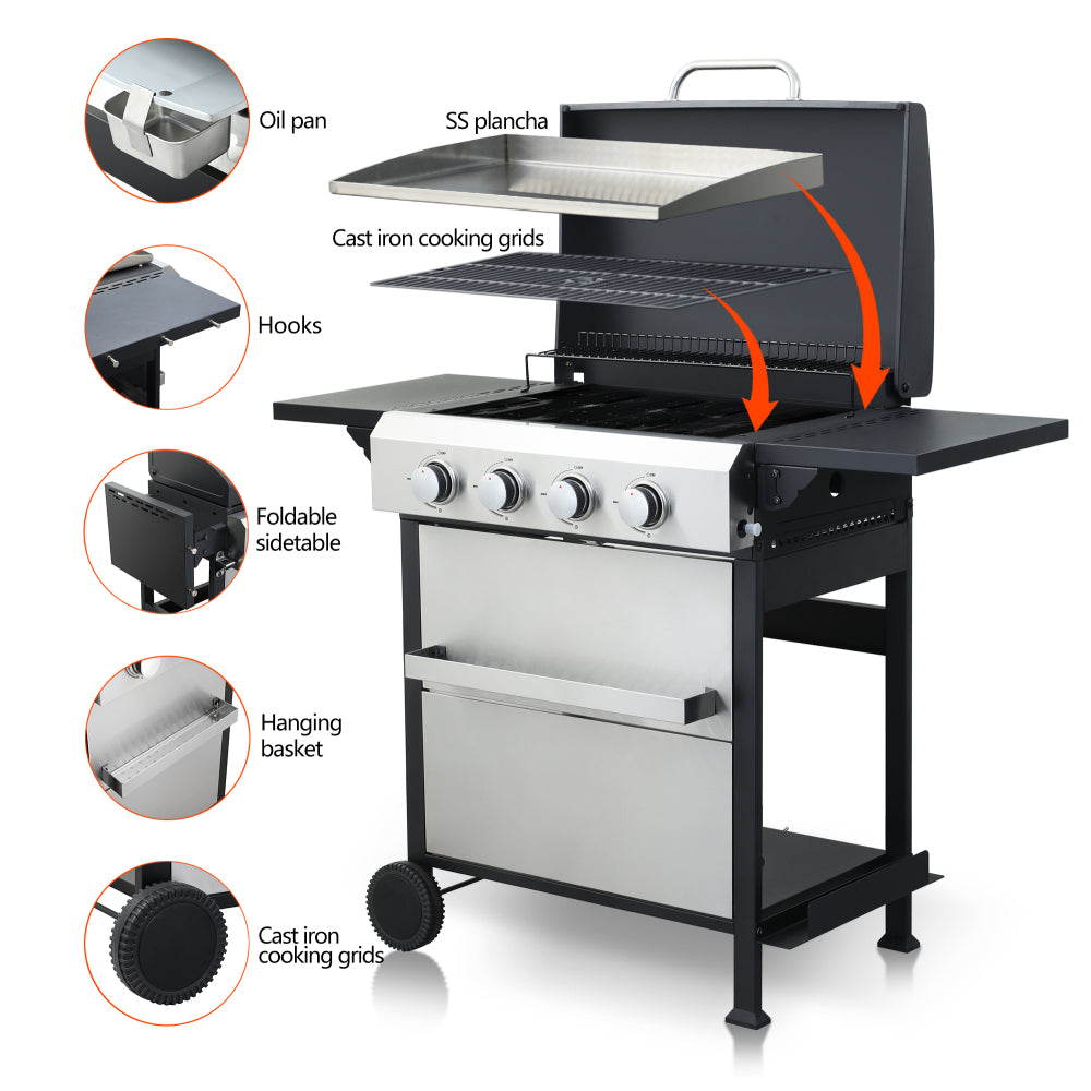 4-Burner Propane Gas BBQ Grill, SS Plancha, 49200BTU Output With Wire Enamel Cooking Grids For Outdoor Barbecue, Foldable Side Table, Hanging Basket, Stainless Steel