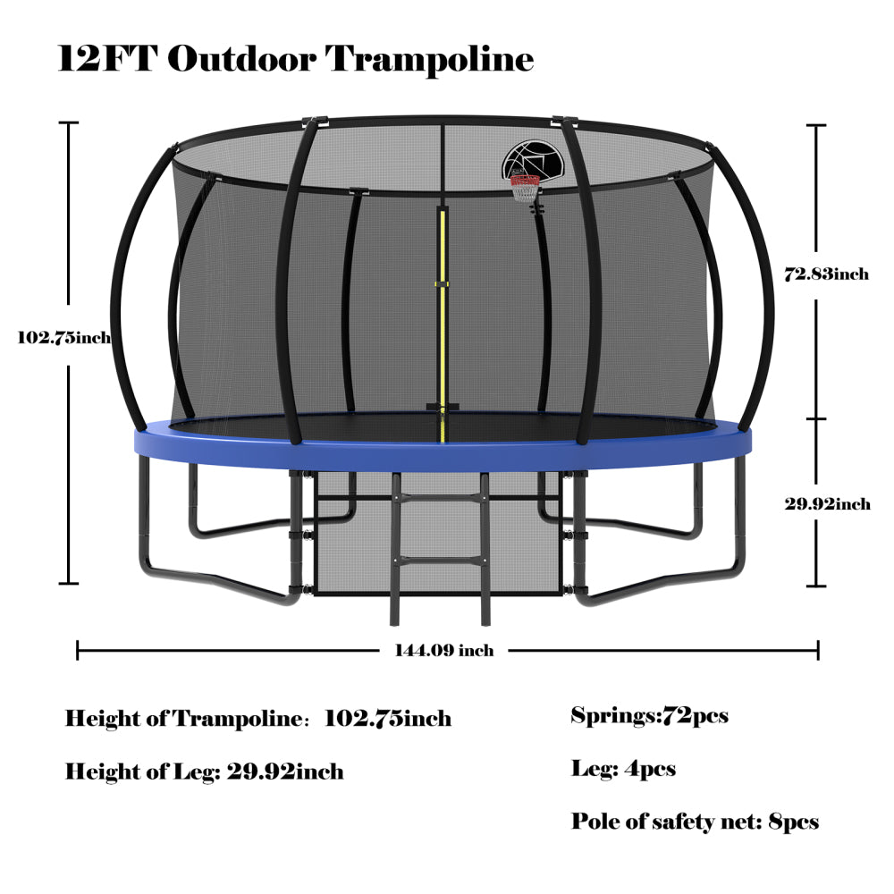 12FT Recreational Kids Trampoline with Safety Enclosure Net & Ladder, Outdoor Recreational Trampolines