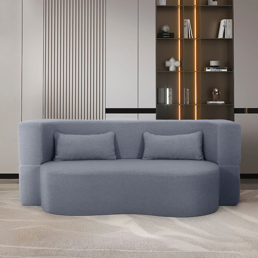2-in-1 Convertible Sofa Bed, Full Size Folding Loveseat Couch with Soft Teddy Fabric, No Assembly Needed, Floor Sofa Mattress with 2 Pillows, Space-Saving Futon for Small Living Room, Dorm, RV,Grey