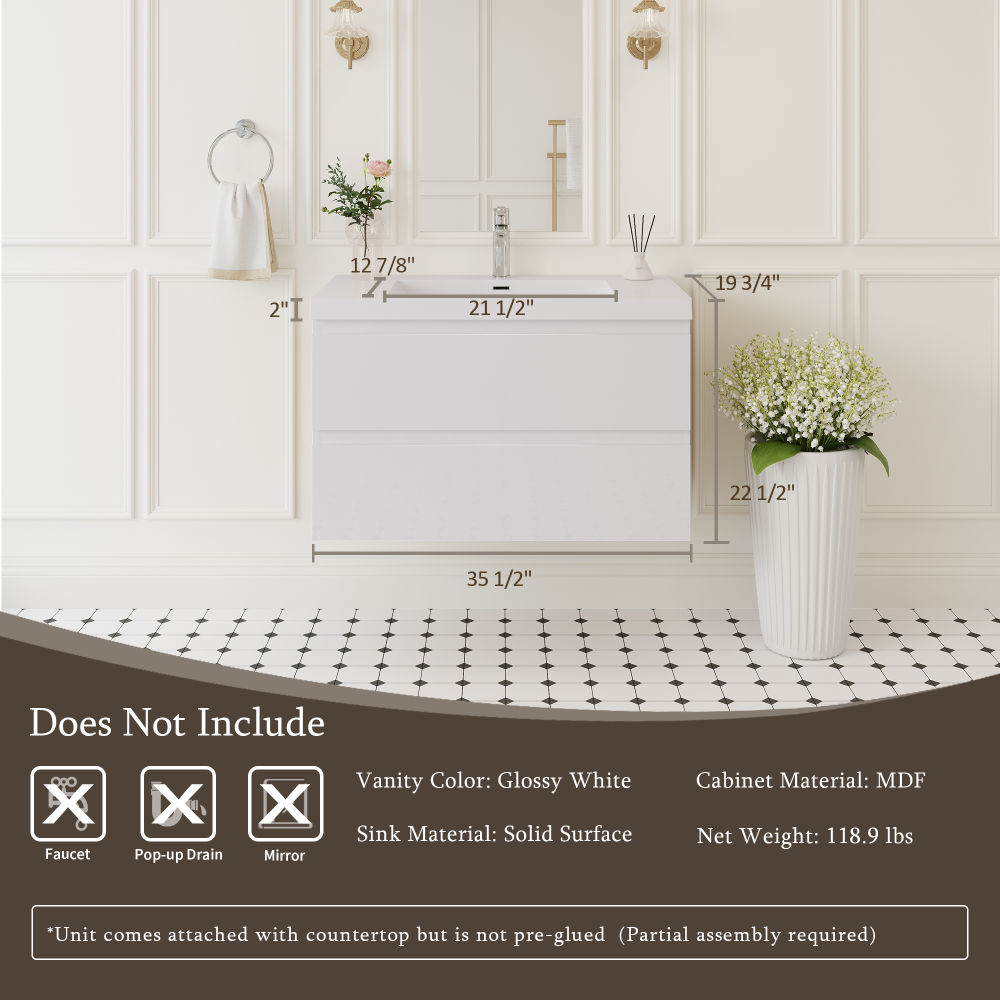 36" Floating Bathroom Vanity with Sink, Modern Wall-Mounted Bathroom Storage Vanity Cabinet with Resin Top Basin and Soft Close Drawers, Glossy White 24V11-36GW