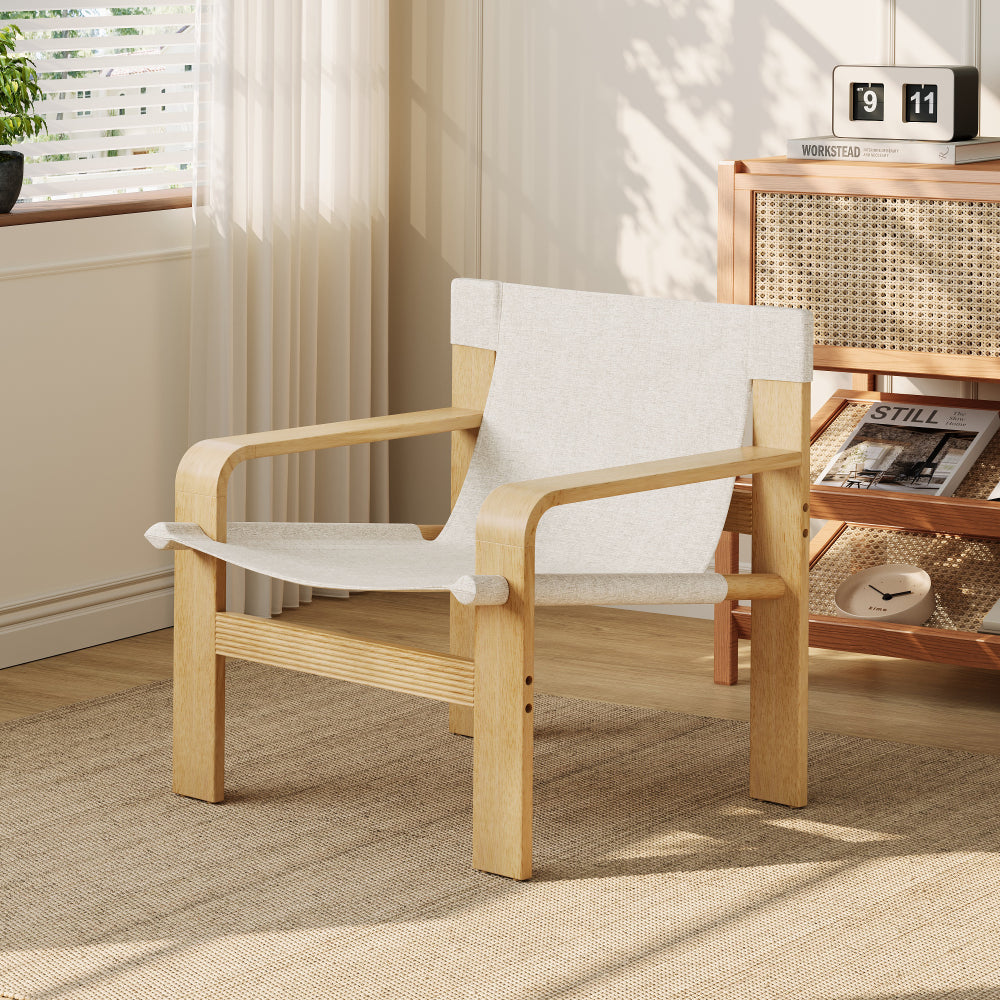 Detachable and washable Oak Accent Chair Wide Armrest Mid-Century Lounge Chair Linen Fabric Armchair & Solid Wood Frame for Living Room, Bedroom, Balcony, (White)