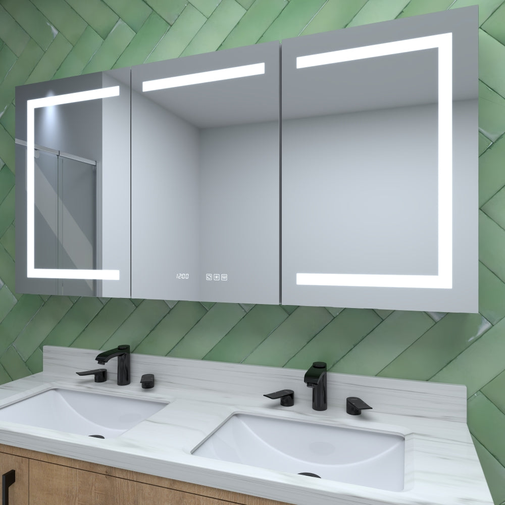 48 in. W x 30 in. H Rectangular Silver Aluminum Recessed/Surface Mount Medicine Cabinet with Mirror LED and Clock