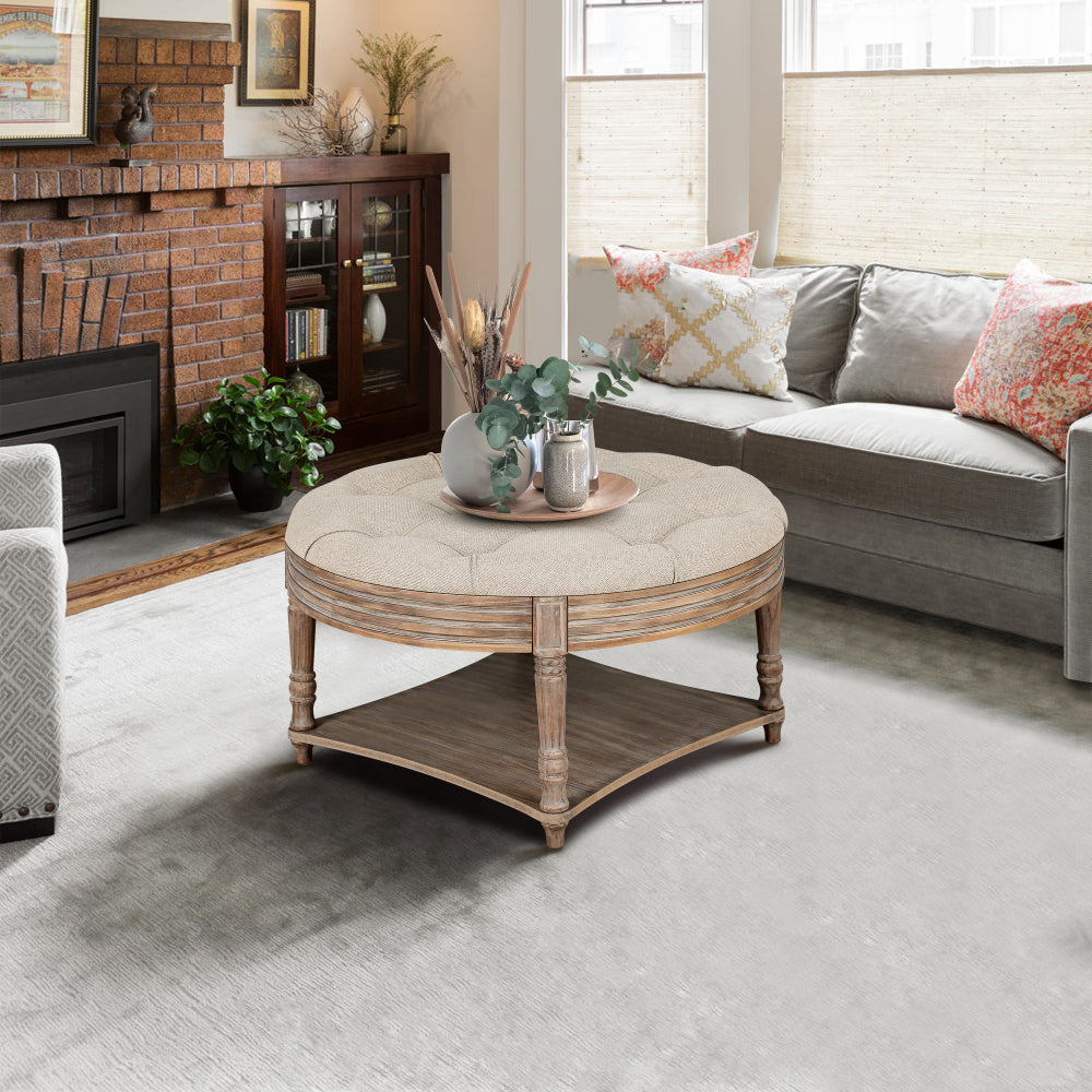 Large Round Waterproof Ottoman Coffee Table 2 Tier Oversized Button Tufted Ottoman with Wooden Shelf Storage Farmhouse Upholstered Coffee Table Living Room Footstool Ottoman Linen