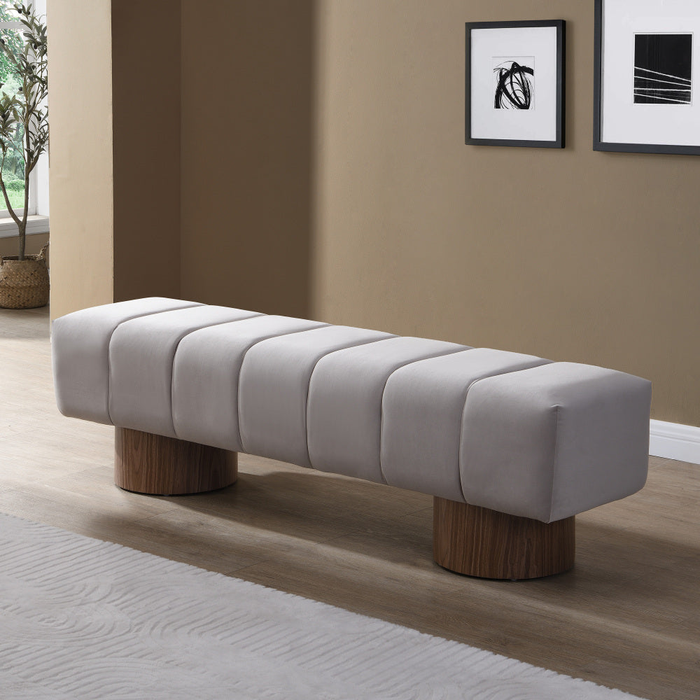 Upholstered Dining Bench for Dining Room, No-Assembly End of Bed Entryway Bench Ottoman for Bedroom Living Room, Light Gray Fabric Stool Top Wood Leg 300 LBS Weight Capacity