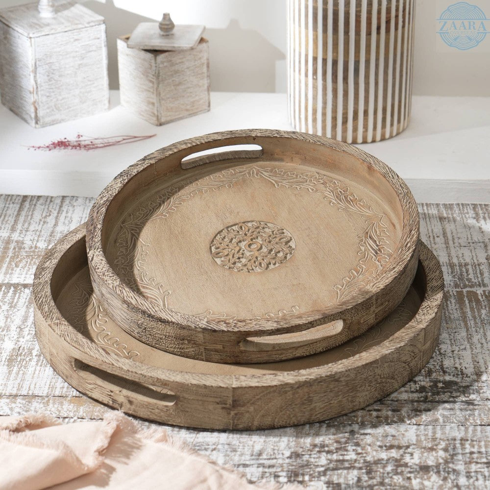 Round Mango Wood Serving Tray - 18" Rustic Brown Design for Stylish Entertaining