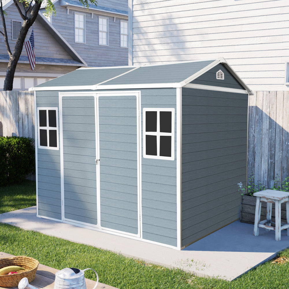 8 x 6ft  Resin Outdoor Storage Shed Waterproof Shed with Floor & Two Windows & Lockable Door, Tool Shed for Garden, Patio, Backyard ,Black