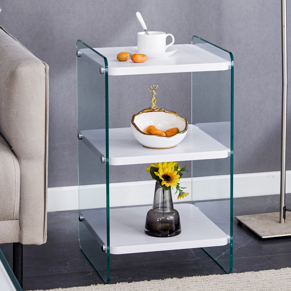 Three levels of bedside tables. The board surface is MDF, with white stickers, and both sides are transparent tempered glass. The design is simple and generous, with storage function.W1512P284948