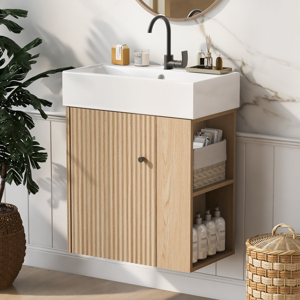 21.6" white Bathroom vanity, Combo Cabinet, Bathroom Storage Cabinet, Single Ceramic Sink, Left side storage