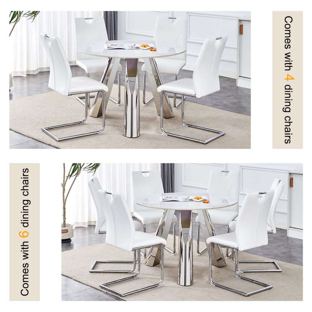 Table and chair set.A 42-inch stainless steel leg round table .Paired with 6 Uniquely designed White Dining Chairs With Silver Metal Leg.Sintered Stone Tabletop,Stainless Steels Table Legs.