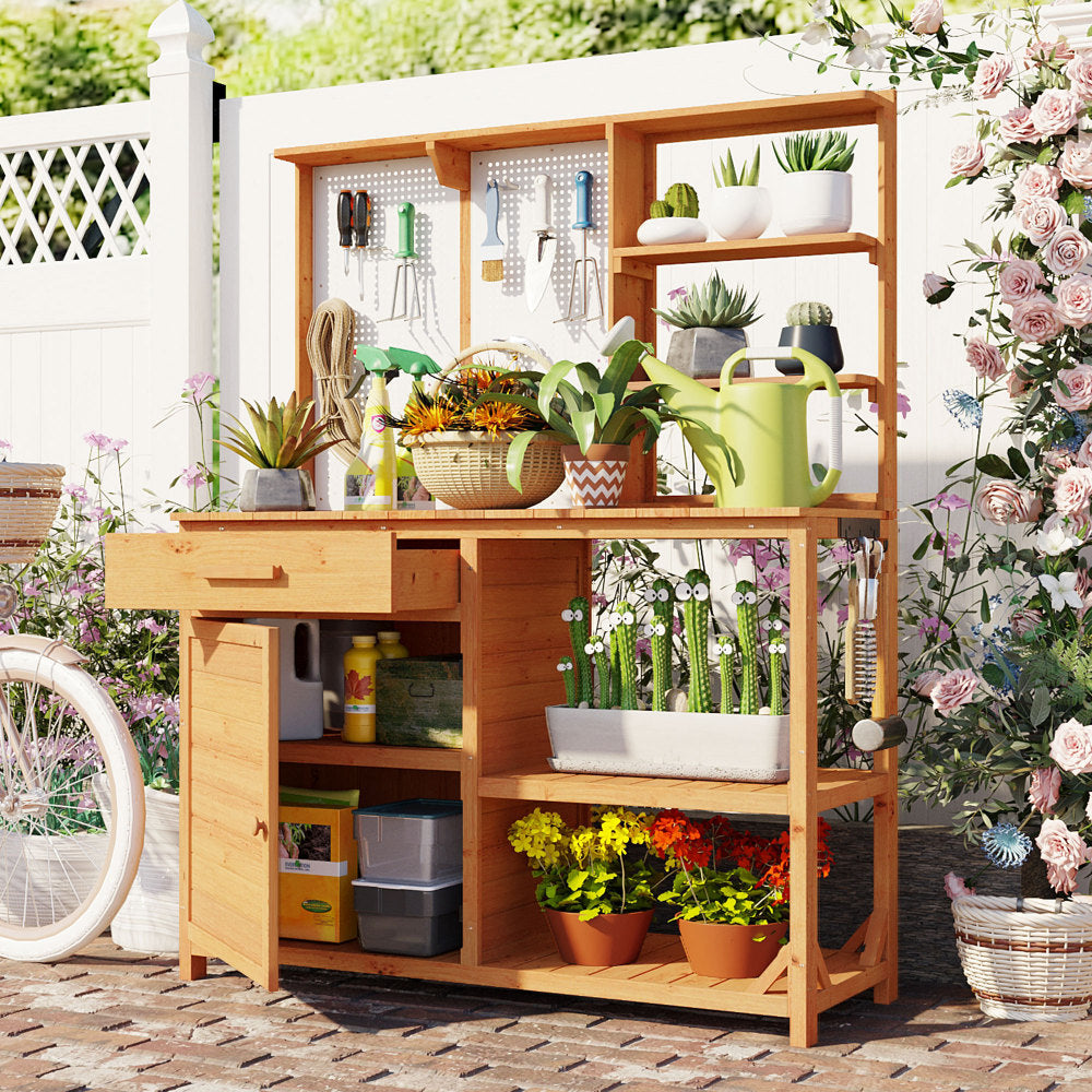 [Assembly Video] TOPMAX Fir Wood Potting Bench with Hutch, Garden Workstation for Planting, 4 Shelves & Adjustable Storage, Pegboard with Hooks, 50.2''Countertop, Drawer & Cabinet, Natural
