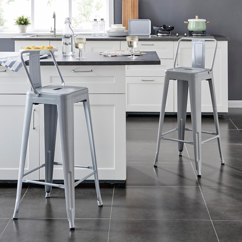 Modern Light Weight Industrial Contemporary Rustic Vintage Costal Metal Barstools with Bucket Back and 4 Leg Design, Seat Bar Stools (Set of 2) (30" Seat, Distressed White)