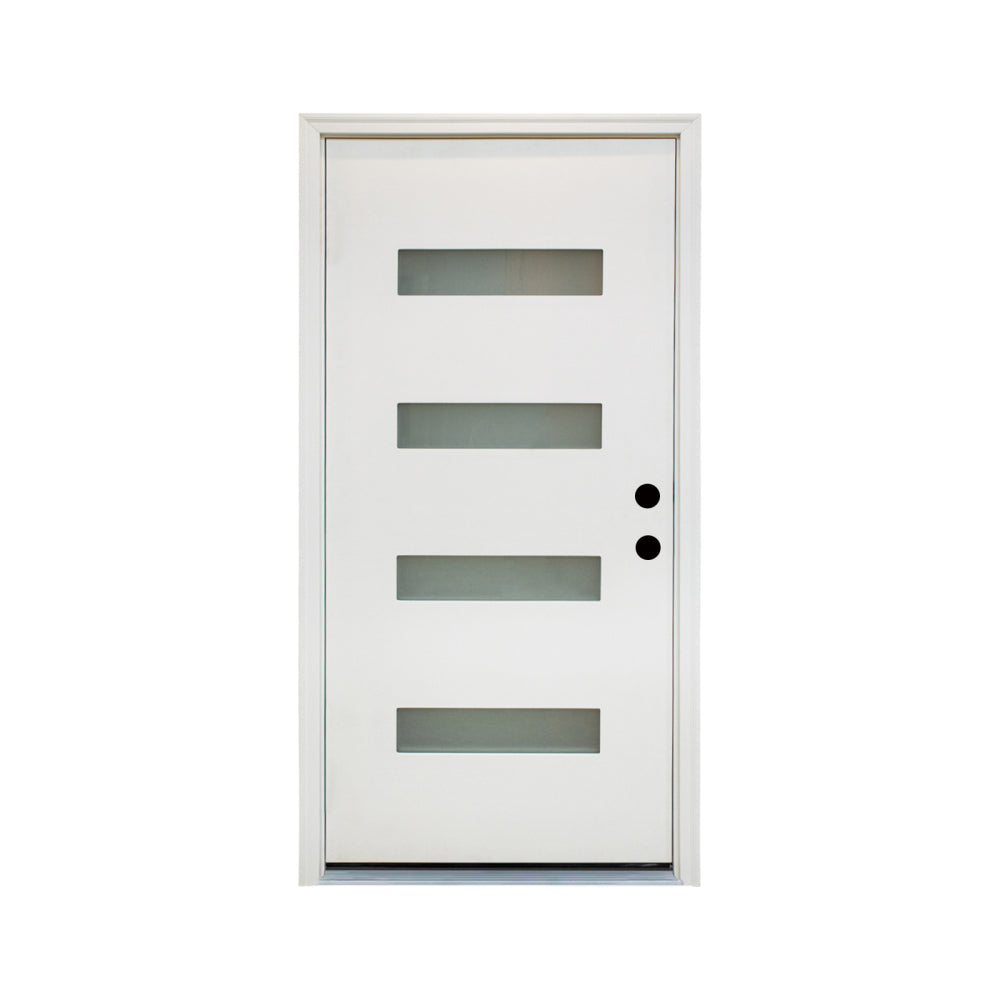 36 x 80 Fiberglass Entry Door, White Finish Knock-Down Fiberglass Door with New Packaging Vinyl Frame, 4-Lite Frosted Glass - Contemporary Style for Home's Front Entrance, Left Hand Inswing
