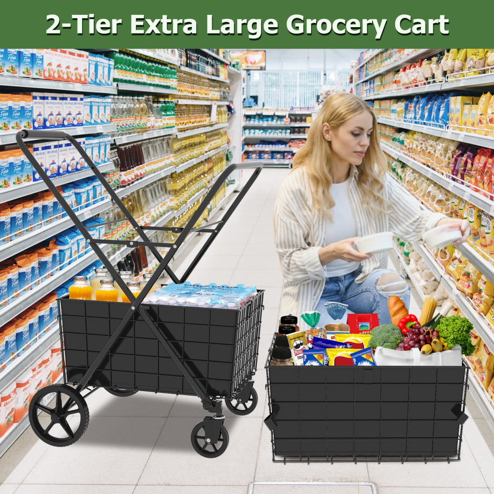 Jumbo Shopping Cart,2 Layers Grocery Cart on Wheels, Foldable Utility Shopping Carts with Double Basket and 360° Rolling Swivel Wheels for Groceries Laundry