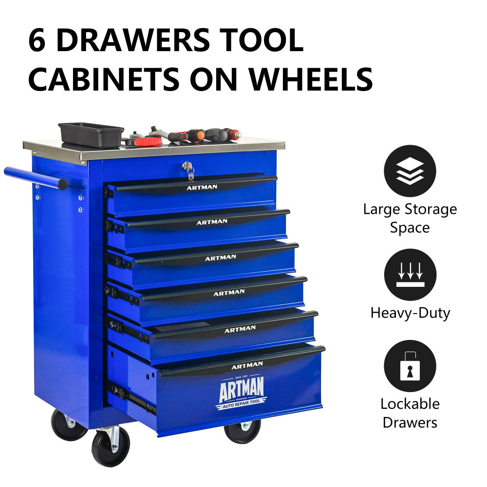 6 Drawers Multifunctional Tool Cart with Wheels,Metal Rolling Tool Cart Storage for Garage Workshop Warehouse Repair Shop--With Stainless Steel Roof- BLACK&BLUE