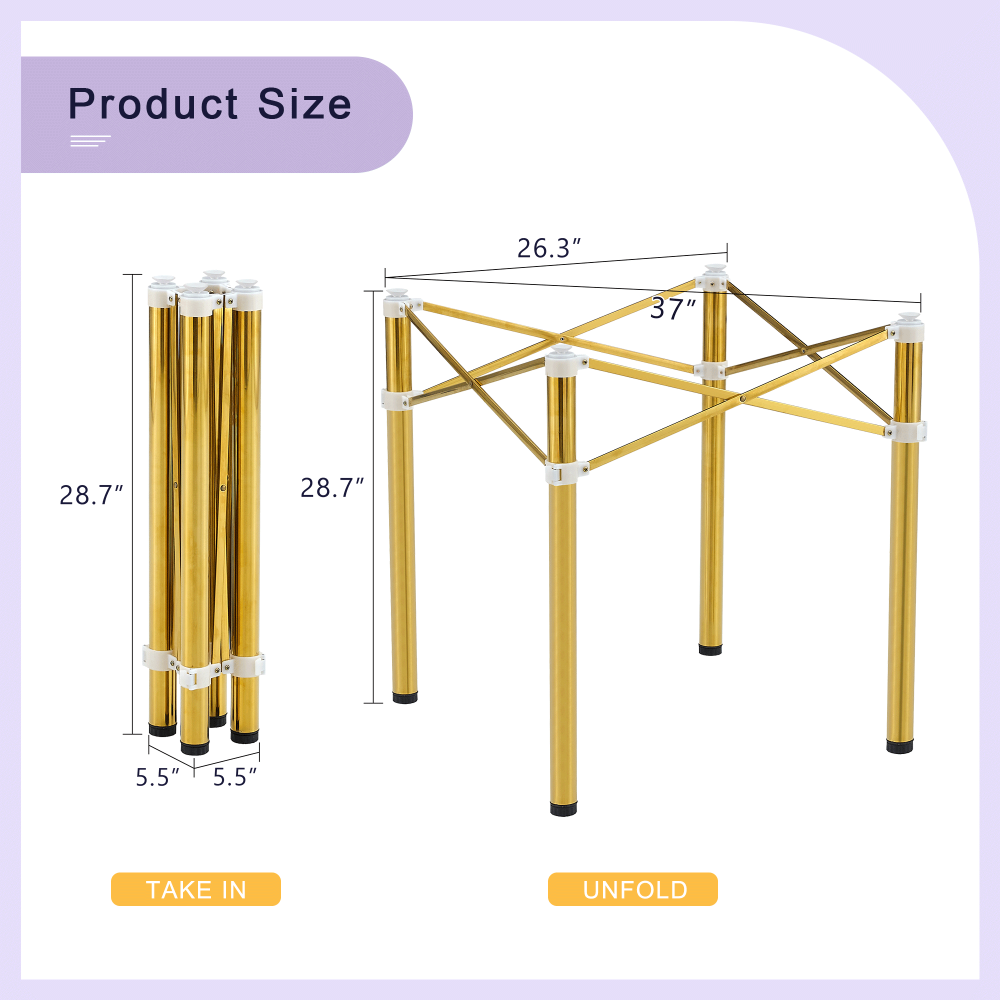 Simple Golden Stainless Steel Folding Table Frame - Multifunctional, Space-Saving.Folding Table Frame,Golden Stainless Steel Material,Only Table Leg.5.5*5.5*28.7~26.3*26.3*28.7 Inch.