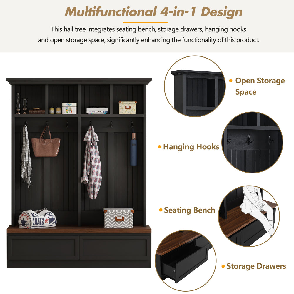 [Assembly Video] Farmhouse 4-in-1 Hall Tree with Wood Grain Bench, Mudroom Versatile Coat Rack with 2 Large Drawer, Entrance Organizer for Hallway, Living Room, Black, 55.9"W (Same as N721P205660)
