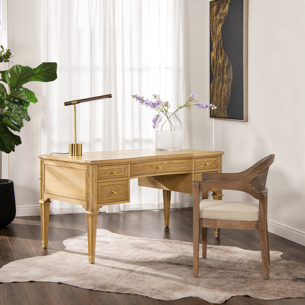 Dauphin Gold Accent 5-Drawer Wood Executive Desk, Natural Brown Wood