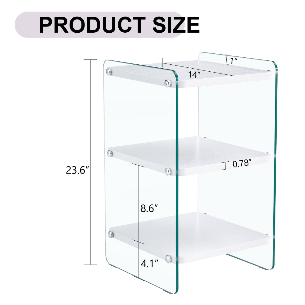 Three levels of bedside tables. The board surface is MDF, with white stickers, and both sides are transparent tempered glass. The design is simple and generous, with storage function.W1512P284948