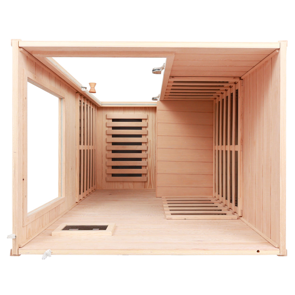 Hemlock Mini one person far infrared door on the Right of the indoor sauna room