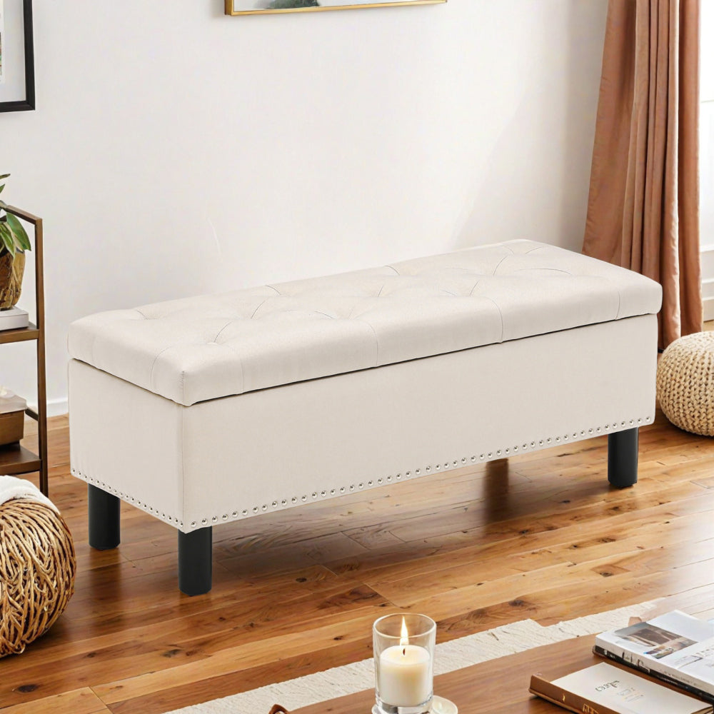 Storage Ottoman Bench with Wood Legs, Upholstered Bedroom Bench with Button-Tufted, Storage Bench with High-density Resilient Sponge Rivet Design for Bedroom, Linen, Beige